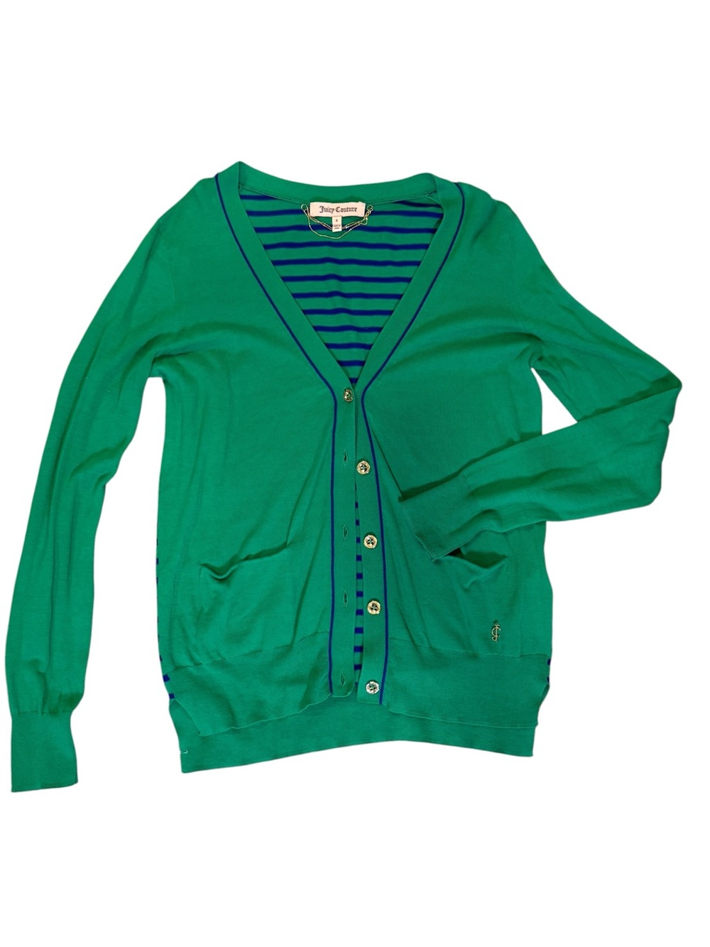 Juicy Couture Emerald Green V-Neck Cardigan with Navy Trim